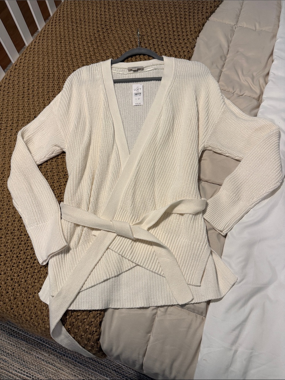 LOFT Cream Wrap Belted Ribbed Cardigan